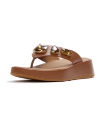 F-Mode Ultra-Jewel Leather Toe-Post Sandals Deep Tan
