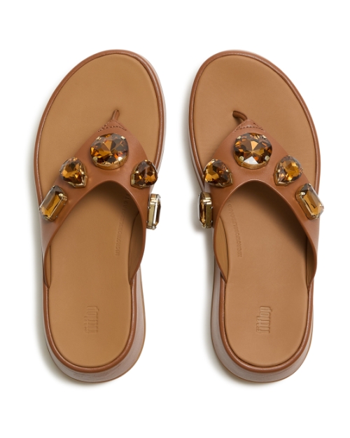F-Mode Ultra-Jewel Leather Toe-Post Sandals Deep Tan