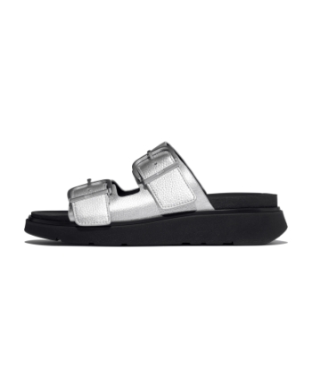 FitFlop Gen-FF Buckle Tumbled-Leather Two-Bar Slides Silver