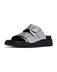 Gen-FF Buckle Tumbled-Leather Two-Bar Slides Silver