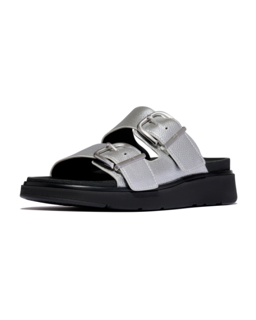 Gen-FF Buckle Tumbled-Leather Two-Bar Slides Silver