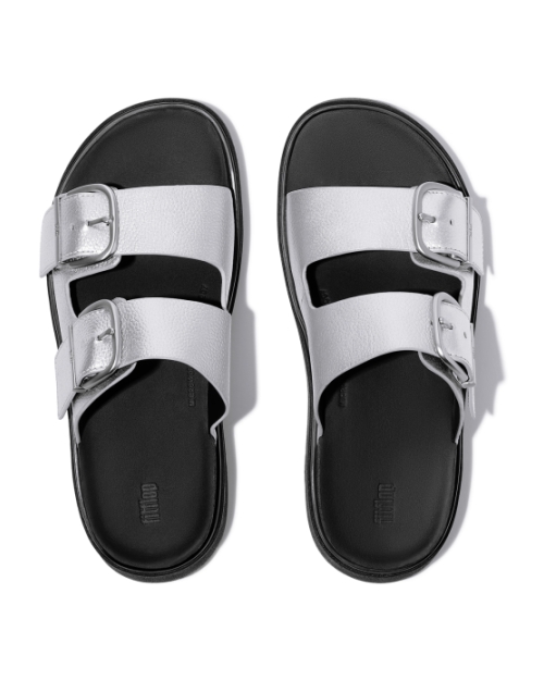 Gen-FF Buckle Tumbled-Leather Two-Bar Slides Silver