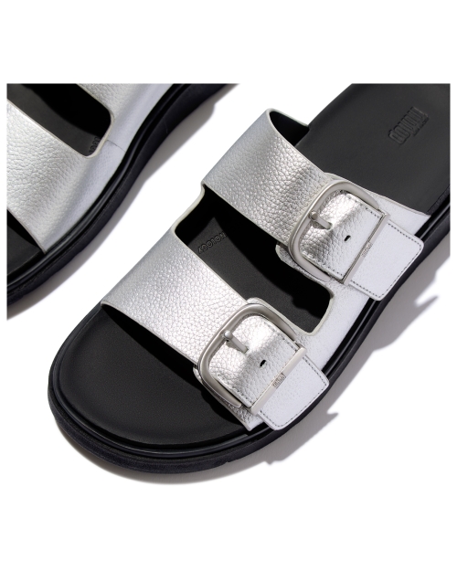 Gen-FF Buckle Tumbled-Leather Two-Bar Slides Silver