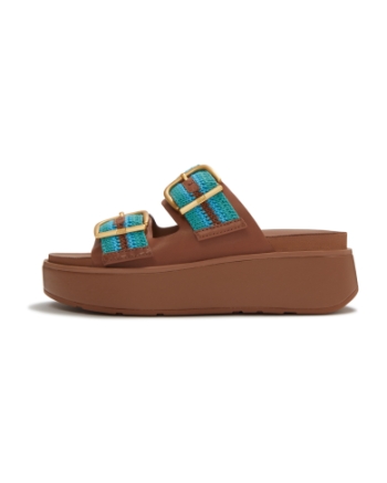 FitFlop Gen-FF Max Buckle Stripe-Webbing Two-Bar Slides Deep Tan/Teal Mix