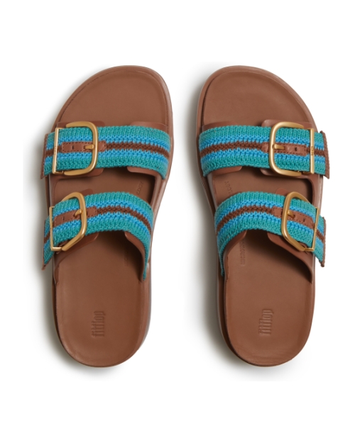 Gen-FF Max Buckle Stripe-Webbing Two-Bar Slides Deep Tan/Teal Mix