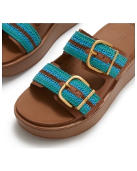 Gen-FF Max Buckle Stripe-Webbing Two-Bar Slides Deep Tan/Teal Mix