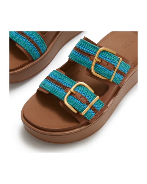 Gen-FF Max Buckle Stripe-Webbing Two-Bar Slides Deep Tan/Teal Mix