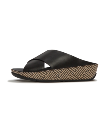 FitFlop Lulu Lux Graphic-Weave Leather Cross Slides Black