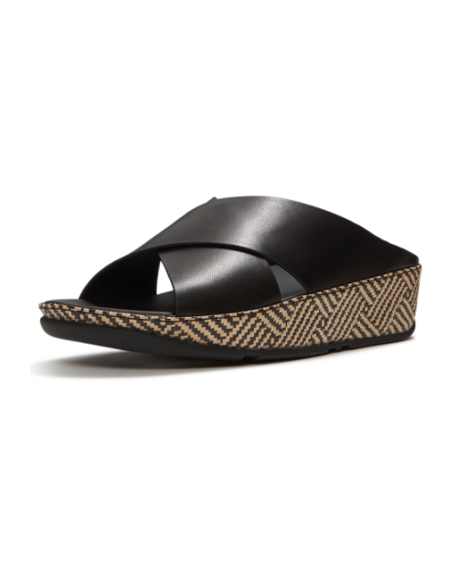Lulu Lux Graphic-Weave Leather Cross Slides Black