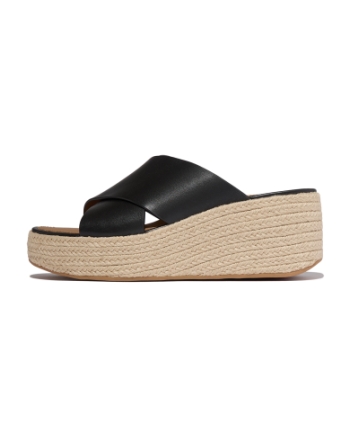 FitFlop Platfforms Espadrille Leather Wedge Cross Slides Black
