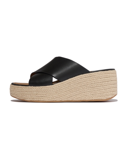 Platfforms Espadrille Leather Wedge Cross Slides Black