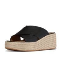 Platfforms Espadrille Leather Wedge Cross Slides Black