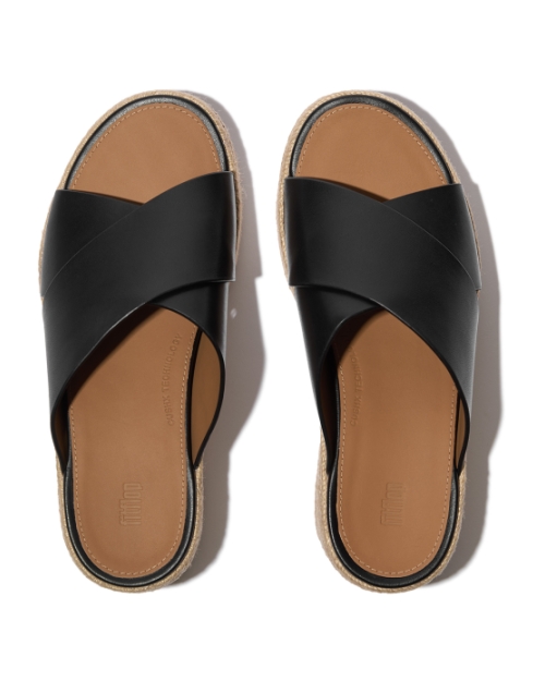 Platfforms Espadrille Leather Wedge Cross Slides Black