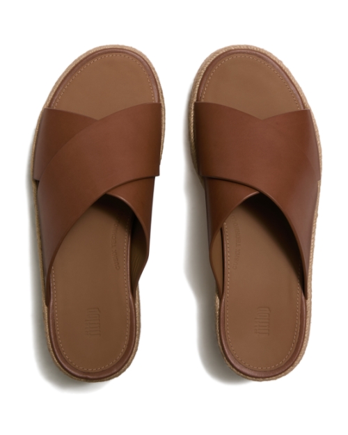 Platfforms Espadrille Leather Wedge Cross Slides Deep Tan