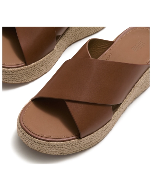 Platfforms Espadrille Leather Wedge Cross Slides Deep Tan