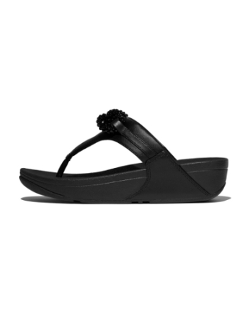 FitFlop Lulu Beaded-Chain Leather Toe-Post Sandals Black