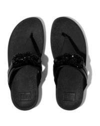 Lulu Beaded-Chain Leather Toe-Post Sandals Black