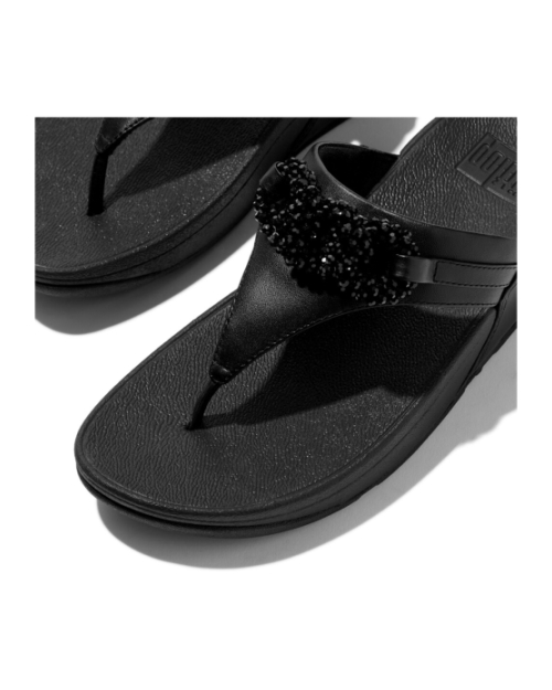 Lulu Beaded-Chain Leather Toe-Post Sandals Black