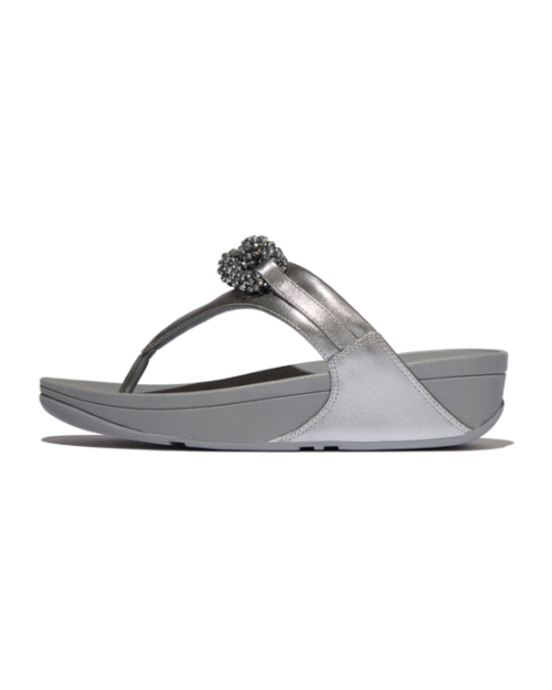 Lulu Beaded-Chain Leather Toe-Post Sandals Silvereen