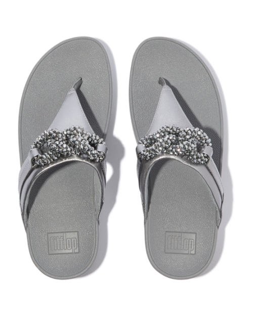 Lulu Beaded-Chain Leather Toe-Post Sandals Silvereen