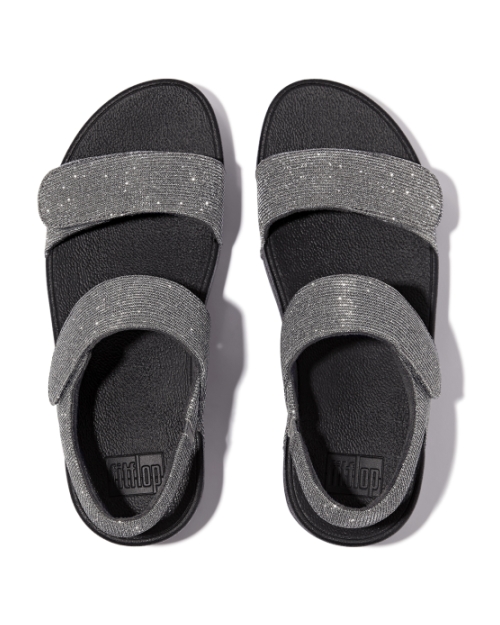 Lulu Adjustable Shimmerlux Back-Strap Sandals Pewter