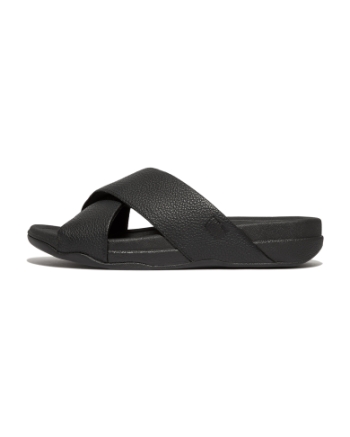 FitFlop Surfer Mens Tumbled-Leather Cross Slides Black