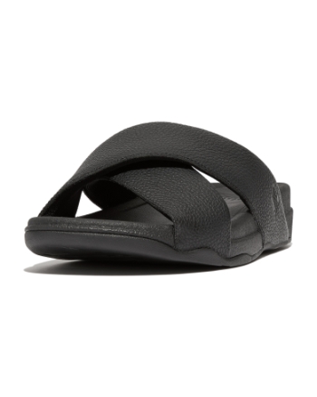 FitFlop Surfer Mens Tumbled-Leather Cross Slides Black