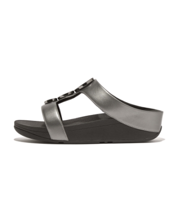 FitFlop Halo Bead-Circle Metallic H-Bar Slides Pewter Black
