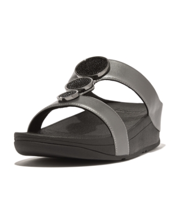 FitFlop Halo Bead-Circle Metallic H-Bar Slides Pewter Black