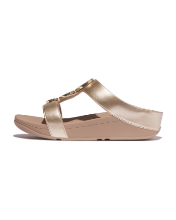 FitFlop Halo Bead-Circle Metallic H-Bar Slides Metallic Latte Beige