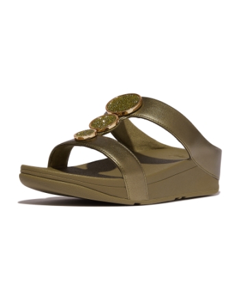 FitFlop Halo Bead-Circle Metallic H-Bar Slides Metallic Camo-Green