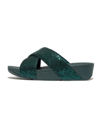 FitFlop Lulu Cross Slide - Glitterball Metallic Deep Teal
