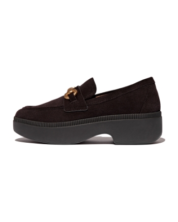 FitFlop F-Luma Chunky-Snaffle Suede Demi-Wedge Loafers Chocolate Brown