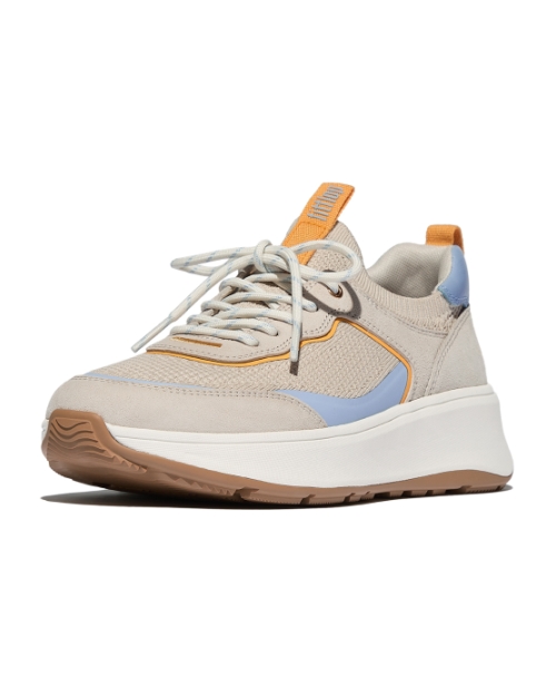 F-Mode  Suede/Knit Flatform Slip-On Laced Sneakers Paris Beige/Skywash Blue