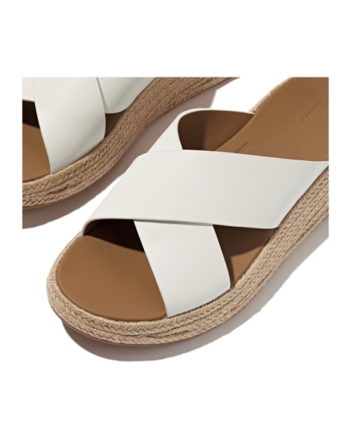 F-Mode Espadrille Leather Flatform Cross Slides Urban White