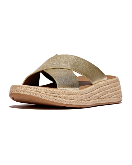 F-Mode Espadrille Leather Flatform Cross Slides Platino
