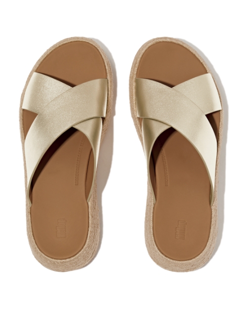 F-Mode Espadrille Leather Flatform Cross Slides Platino